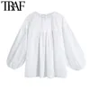 Traf Women Fashion Hollow Out Embroidery Blouses Vintage O Neck Lantern Sleeve Memale Shirts Blusas Chic Tops 210415