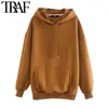 TRAF Women Fashion Oversized Fleece Hoodie Sweatshirts Vintage Long Sleeve Pockets Warm Female Pullovers Chic Tops 210415