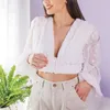 BLSQR bluses mulher sexy profundo decote v-pescoço branco lanterna manga comprida magro moda outono elegante senhora camisa tops 210430