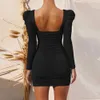 Long Sleeve Square Neck Spring Summer Black Wrap Ruched Bodycon Dres Sexy Backless White Elegant Short Mini Party Dresses 210623