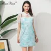 Projektant mody Summer Party Dress Damska Puff Sleeve Patchwork Zroszony Niebieski Kwiatowy Druku Elegancki Krótki Jacquard 210524