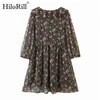 Casual Lady Floral Dresses Long Sleeve Loose Pleated Ruffles Beach Print Mini Chiffon Vestidos 210508