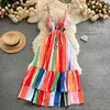 Ins Fashion Rainbow Striped Color Match Spaghetti Strap Long Maxi Robe Boho en V V V Valeurs d'orage
