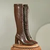 Lange laarzen vrouwen schoenen puntige neus blok hakken knie hoge kruis gebonden rits mode dames herfst winter 40 210517