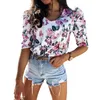 Damski Puff Palf Sleeve Floral Topy V-Neck Print Koszulki Slim Fit Lato Ladies Casual Kobieta Elegancka 2022 D30 T-shirt