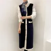 Koreanska Elegant Vintage Stickad Lång Vest Kvinnor Enstaka Bröst O-Neck Coat Fashion Ladies Color-Blocked Femme 210513