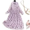 Runway Fashion Spring Designers Long Sleeve Bow Collar Print Floral Dress Women Clothes Elegant Pleated Beach Vacation Vestidos 210601