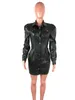 Puff Long Sleeve Faux PU Leather Jacket Dress Women Solid Pleated Mini Sexy Dress Female Bodycon Single-breasted Ruched Dresses 21283H