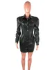 Puff Langarm Faux PU Leder Jacke Kleid Frauen Solide Plissee Mini Sexy Kleid Weibliche Bodycon einreiher Geraffte kleider 21283H