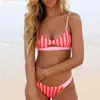 Women's Swimming Suit Sets Women Stripe Print Push Up Bandeau Bikini Set Two Piece Swimsuits Mid Waisted Swimwear 210508