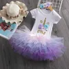 Baby Girl Födelsedag Kläder Unicorn Cotton T-shirts + Färgglada Gaze Cake Kjolar + Headband 3 st Set Julkläder E20900 210610