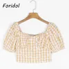 Daisy Print Yellow Blouse Tops Dameskleding Puff Sleeve Leuke Zomer Crop Boho Short 210427