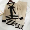 Korean Chic Fashion Casual Autumn Sets Lace Up Bow Striped Sweaters Contrast Cardigan Coat High Waist Wide Leg Knitting Pants 210610