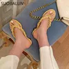 SUOJIALUN 2021 New Brand Women Slipper Fashion Chain Sandal Shoes Ladies Elegant Thin Low Heel Slip On Flip Flop Summer Sandals K78