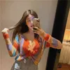 Wiosna Jesień Damska Swetry Koreański Styl Sexy V-Neck Cross Crop Top Długim Rękaw Cienki Slim Krótki Dzianiny Sweter Topy LL352 210506