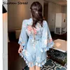 Tassel Woman Playsuits Light Blue O-Neck Kwiatowy Drukowane Wiosna Jesień Krótkie Kombinezony Pajaczki Kobiet Runway Design 210603