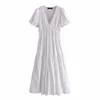 Vestidos para Mulheres White Cutwork Bordado Midi Mulher Verão Curto Buff Manga Plissada Africano Vintage 210430