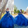 Sparkly Royal Blue Appliques Vestido de Bola Quinceanera Vestidos Off The Ombro Tassel Doce 16 Prom Vestido Vestidos de 15 años