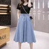 Vintage Ball Gown Denim Skirt Women Light Blue High Waist Slit Midi Teen s Jeans Summer B03210B 210421