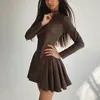 Brown Faux Leather Dress осень зимняя модная дама черные молнии рюша