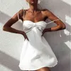 Femmes Blanc Coton et Lin Robe Courte Femme Sexy Sangle Dos Nu Robe Lâche Élégant Boho Mince Mini Robes Robe Vintage 210518