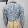 Long Sleeve Woman Jacket Streetwear Chain Print Casual Coat Women Autumn Winter Turn-down Collar Denim Plus Size 210520