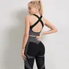 Yoga outfit esporte sutiã sutiã suport nylon tanque ribbed cruz de volta roupa interior mulheres pretas treino lingerie bralette colheita tops
