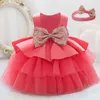 New 2021 Formal Child Baptism First 1st Birthday Dress For Baby Girl Clothing Princess Dresses With Headband Party Dress Bowknot G1129