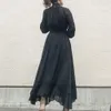 Новое черное платье элегантные корейские моды женщины одна кусочка с длинным рукавом высокая талия туника Vestido дамы рюшами длинные Maxi платья 210409