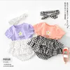 Baby meisje kleding bloem meisjes tops shorts hoofdband 3 stks sets korte mouw kinderen outfits boutique baby kleding dot plaid 2 ontwerpen D5496