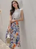 ファッション夏の女性のスカートスーツセクシーなノースリーブ作物トップフローラルプリントAラインのミディエレガントな韓国の2ピースセット210529