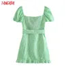 Verão Mulheres Verde Flores Imprimir Sundress com Cinto Pescoço De Manga Curta Senhoras Mini Vestido Vestidos 5Z129 210416