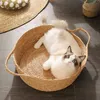 猫のためのペットベッドのための手紙の手編まれた籐の柔らかい丸いバスケット巣の通気性マット眠っているクール210713