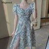 Vintage Floral Dress Kvinnor Sommar Kläder Puff Sleeve Split Chiffon Kvinna Robe Femme Loose Korean Print ES 14555 210512