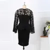 Women Black Elegant Dress Peplum Fake Two Pieces Set Wedding Party O Neck Lace Patchwork Long Sleeves Midi Slim Date Night Wear 210416