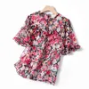 Damenblusen Hemden Flowy Fluid Cut Bluse Frauen Kurzarm O-Ausschnitt Seide Elegant Chic Sommer Blumendruck Vintage Tunika Tops 2022