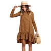 Women Autumn Dress Fashion Polka Dot Chiffon Dress Long Sleeve O Neck Ruffle Female Casual Yellow Dress Retro Vestido Mujer 210527