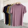 Modal t - shirts Mulheres Meia Turtleneck Manga Curta Tshirt Elasticidade Tee Feminino Tops Cor Sólida Autumn News Y0621