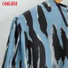 Tangada Moda Kobiety Niebieski Leopard Drukuj Długa Sukienka Zipper Długie Rękaw Panie Office Maxi Dress 1F114 210609