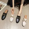 Retro Sling-Back Block Low Heels for Women Hanged Metal Genuine Leather Mules Shallow Working Casual Shoes Woman 0227