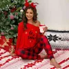 Joyeux Noël Femmes Hiver Pyjama Ensemble Coton Vêtements De Nuit Long Treillis Pantalon + Xmas Imprimer Pyjamas Femmes Vêtements Pyjama Plus La Taille 211211