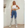 Autumn Retro Women's Jeans Gradient Color High Waist Washed Ripped Casual Straight-leg Pants 210419