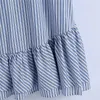 Za Blue Striped Ruffle Mini Dress Kvinnor Kortärmad Knapp Upp Tillfälligt Retro Klänningar Kvinna Mode Patch Fickor Vestidos 210602