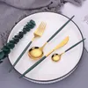 Bestick set rostfritt stål dinnerware s kök spegel komplett bordsartiklar kniv gaffel sked guld bord 210928