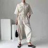 Korejpaa Women Jumpsuits Summer Korean Chic Simple Round Neck Metal Buttons High Waist Multi-Pocket Wide-Leg Casual Overall 210526