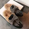 Femmes Real Leather Backless Slipper Mule Slide Rimestones Crystal Bowknot Princetown Chaussures chaudes hiver plus taille 34-43 Slippers5235422