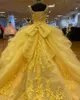 Charro Yellow Quinceanera Dresses V Neck Lace Applique Crystal Sweet 15 Pageant Gowns Sequin Vestidos De XV Aos