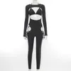 Sexy Hollow Out Bandage Jumpsuit Women Two Piece Set Casual Long Sleeve Leggings Bodycon Body Rompers