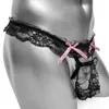 NXY Slips en slipje Heren Kant Mesh Thong Ondergoed T Back Penis Cover Bow Black Gay Sissy Sexy Volwassen Lingerie Draagt ​​Open kruis Zie door 1126