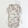 Sexy Off Shoulder Floral Print Ruched Dress Women Ruffles Sleeve Bodycon Short summer Dress Beach bboh mini flower dresses 210415